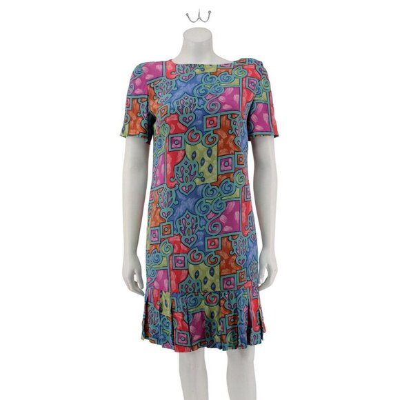 Liz Claiborne Dresses & Skirts - Vintage 80s Liz Claiborne Dress Size 6 Colorful Print Silk Drop Waist Pleat Hem